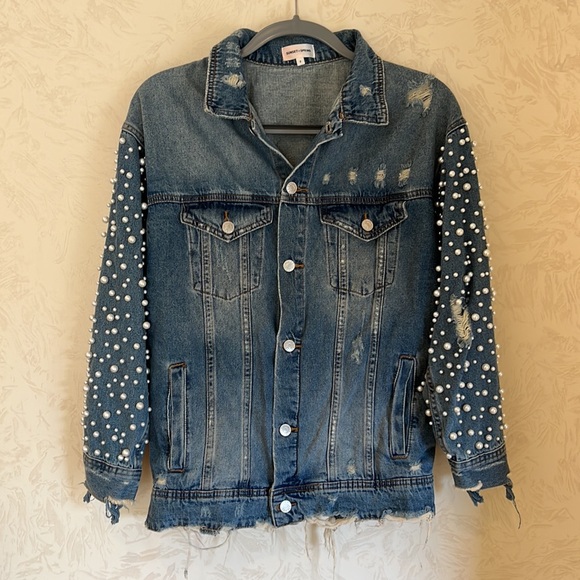 Sunset + Spring Blue with Pearl Beaded Sleeve Denim Jacket Size S - Picture 1 of 8